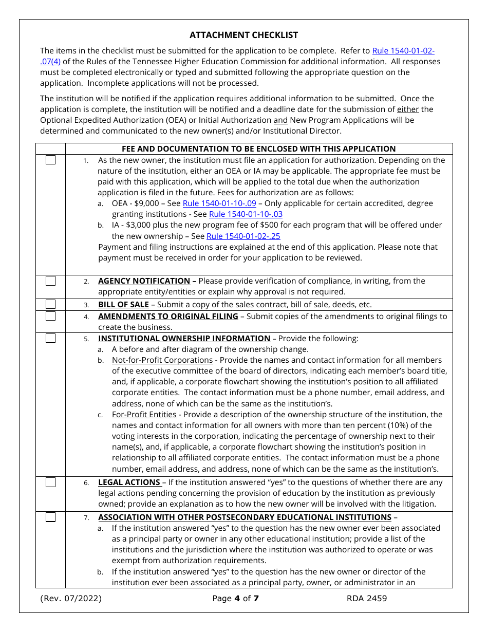 Form RDA2459 Application for Change of Ownership and Request for Provisional Authorization - Tennessee, Page 4