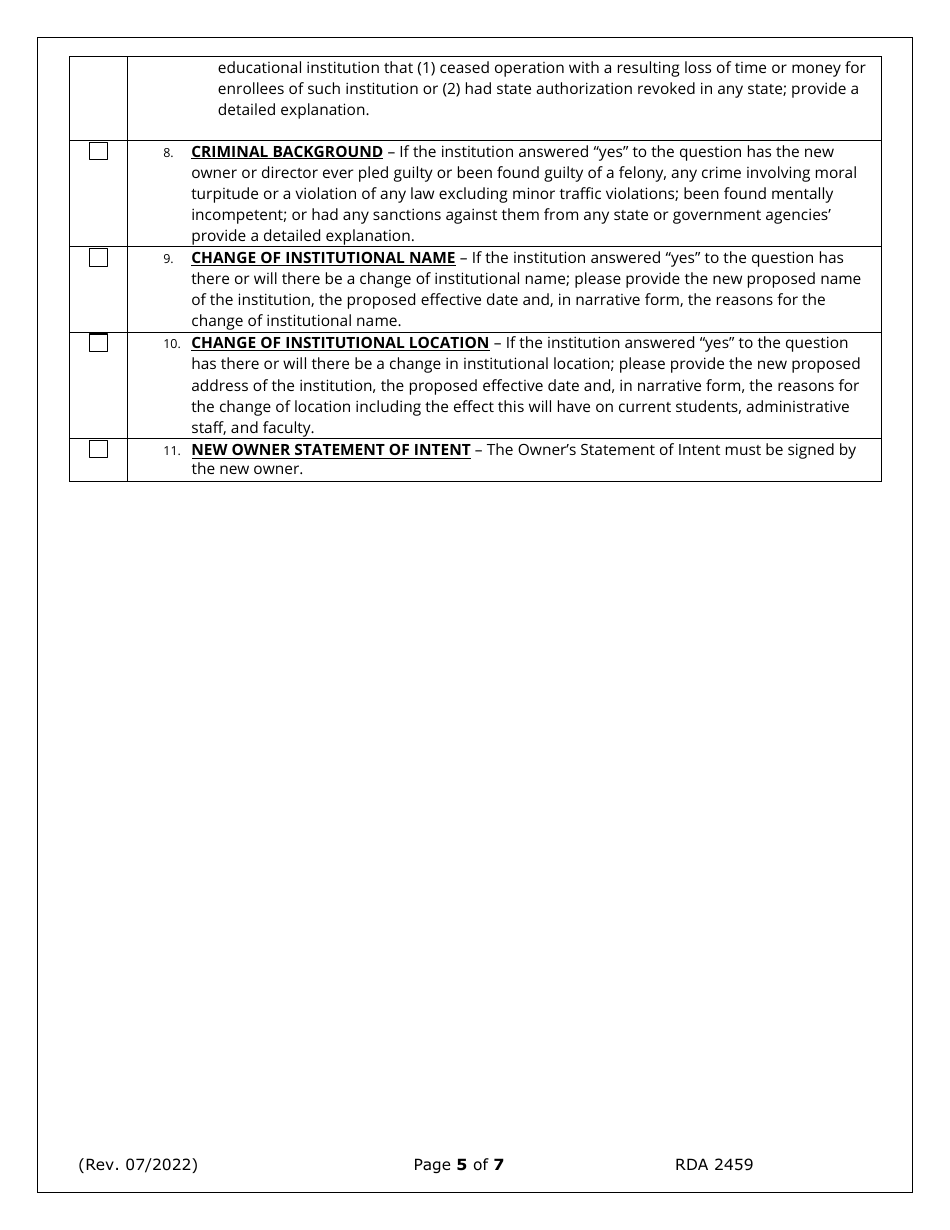 Form RDA2459 Application for Change of Ownership and Request for Provisional Authorization - Tennessee, Page 5