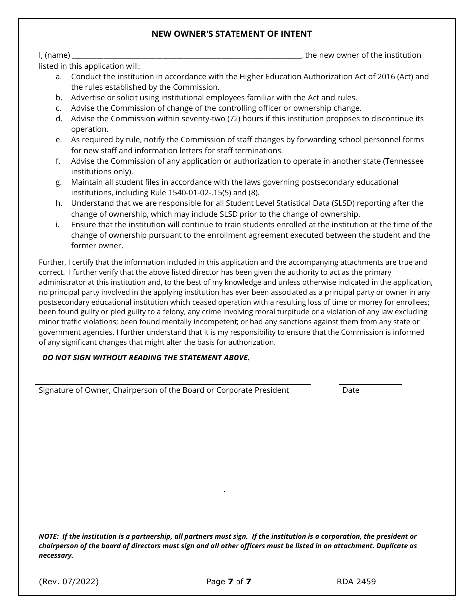 Form RDA2459 Application for Change of Ownership and Request for Provisional Authorization - Tennessee, Page 7