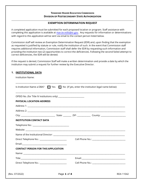 Form RDA11402 Exemption Determination Request - Tennessee