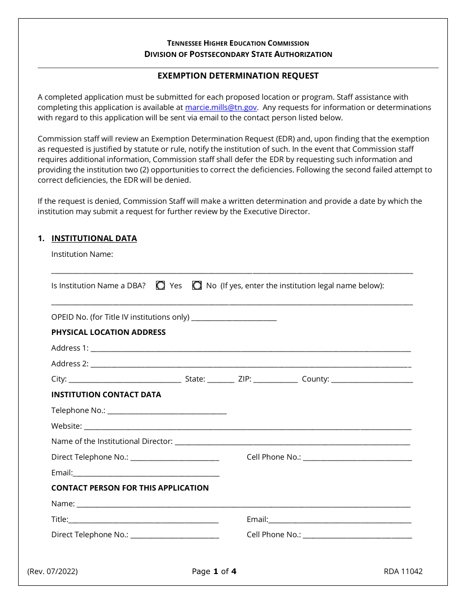 Form RDA11402 Exemption Determination Request - Tennessee, Page 1