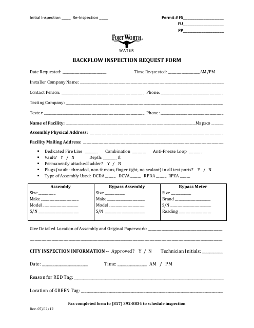 Backflow Inspection Request Form - City of Fort Worth, Texas Download Pdf