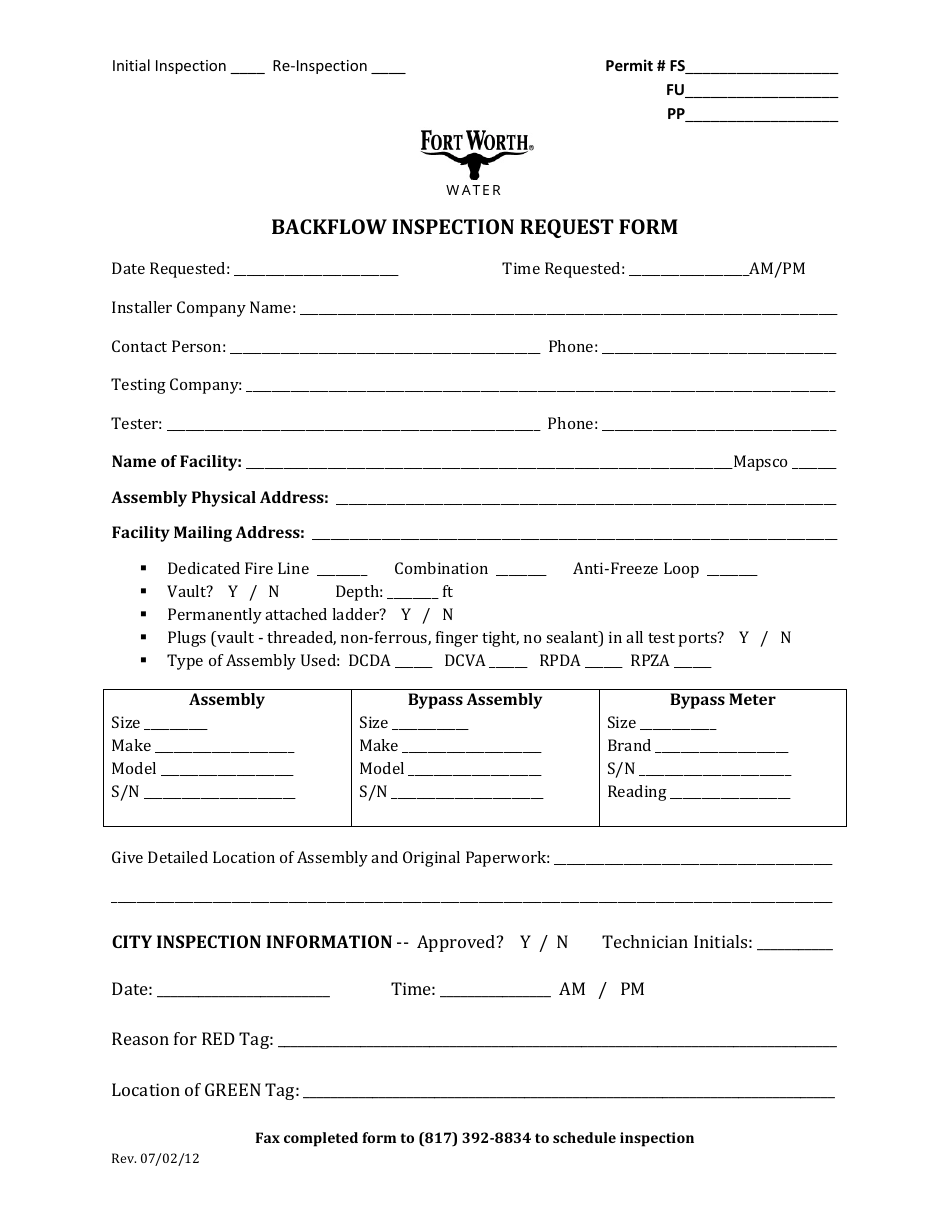 Backflow Inspection Request Form - City of Fort Worth, Texas, Page 1