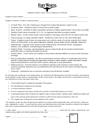 Document preview: Irrigation System Check List & Compliance Certificate - City of Fort Worth, Texas