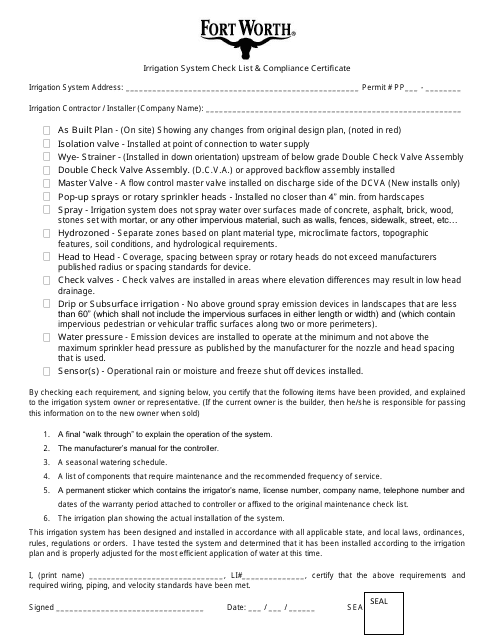 Irrigation System Check List & Compliance Certificate - City of Fort Worth, Texas Download Pdf