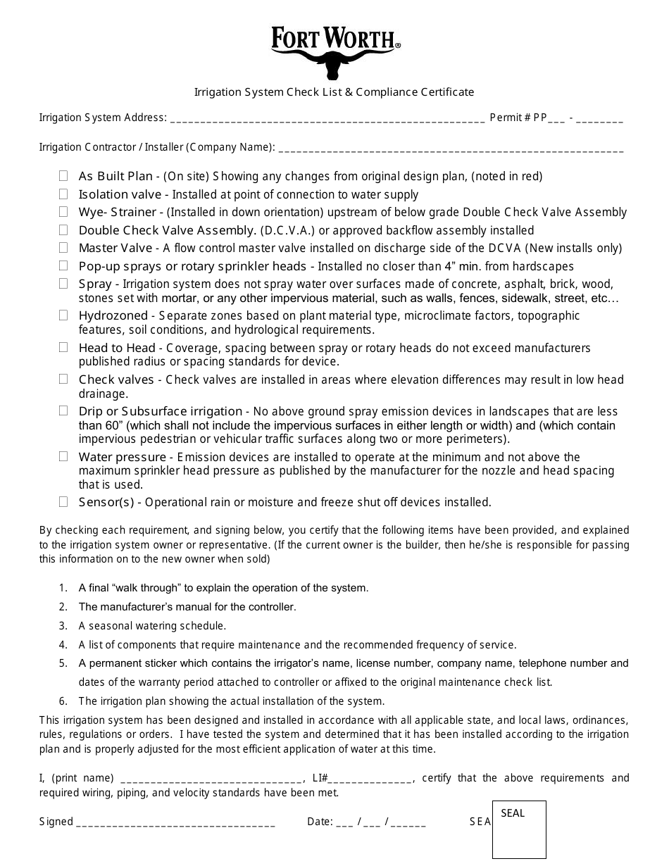 Irrigation System Check List  Compliance Certificate - City of Fort Worth, Texas, Page 1