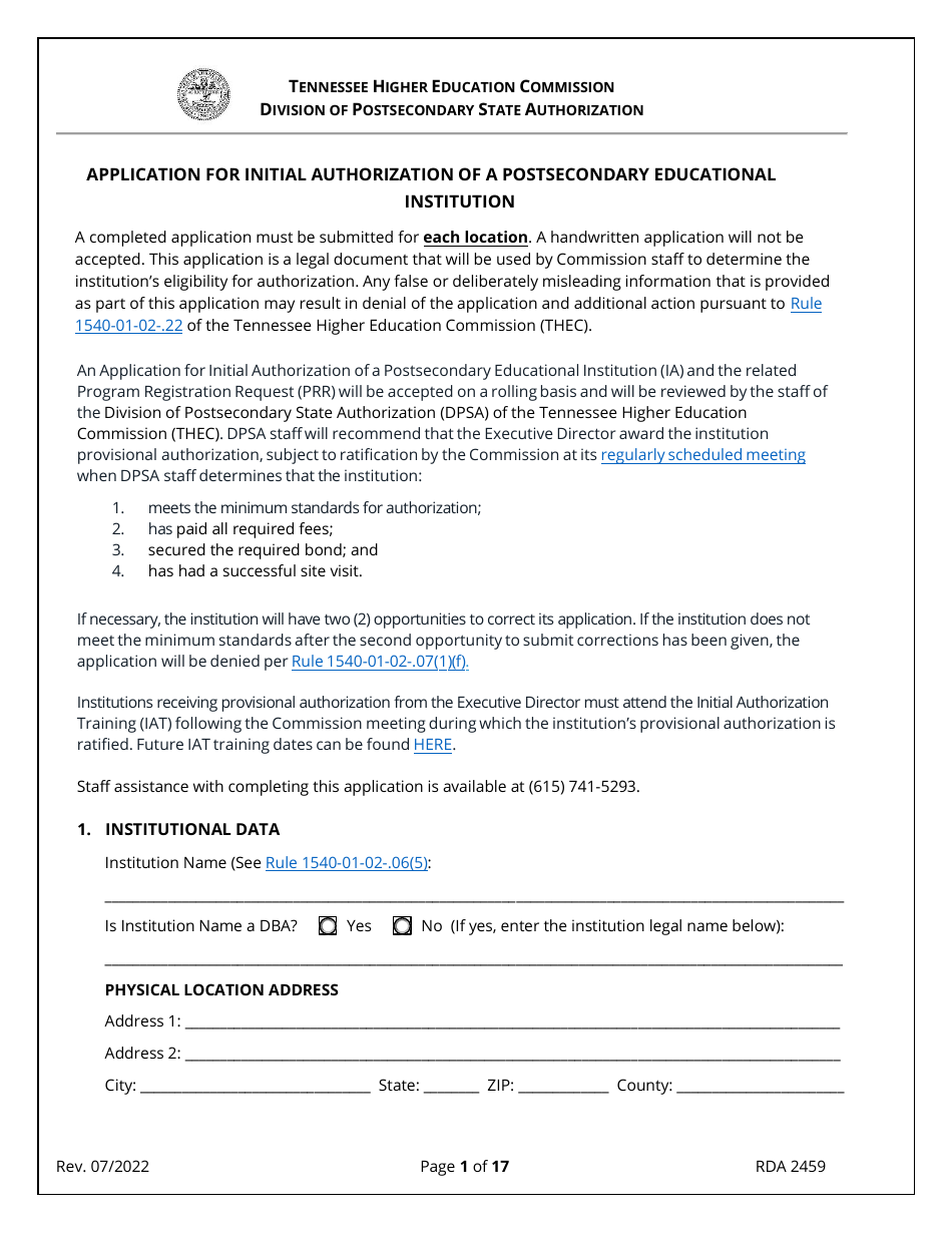 Form RDA2459 Fill Out, Sign Online and Download Fillable PDF, Tennessee Templateroller