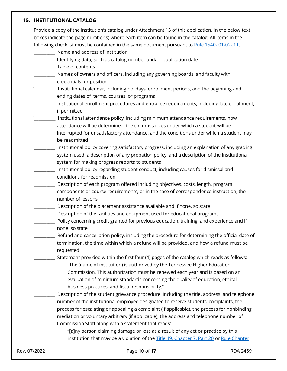 Form RDA2459 Application for Initial Authorization of a Postsecondary Educational Institution - Tennessee, Page 10