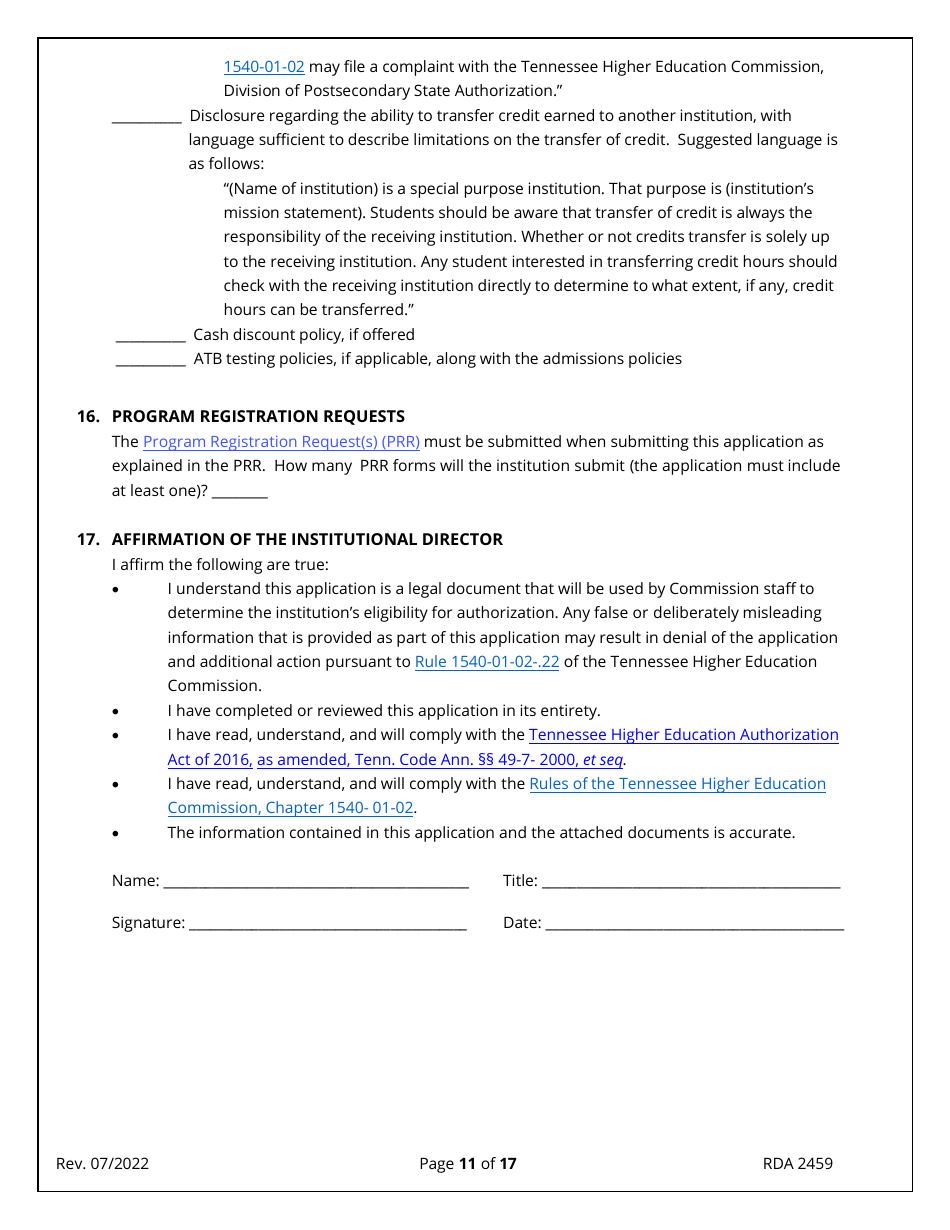 Form RDA2459 Application for Initial Authorization of a Postsecondary Educational Institution - Tennessee, Page 11