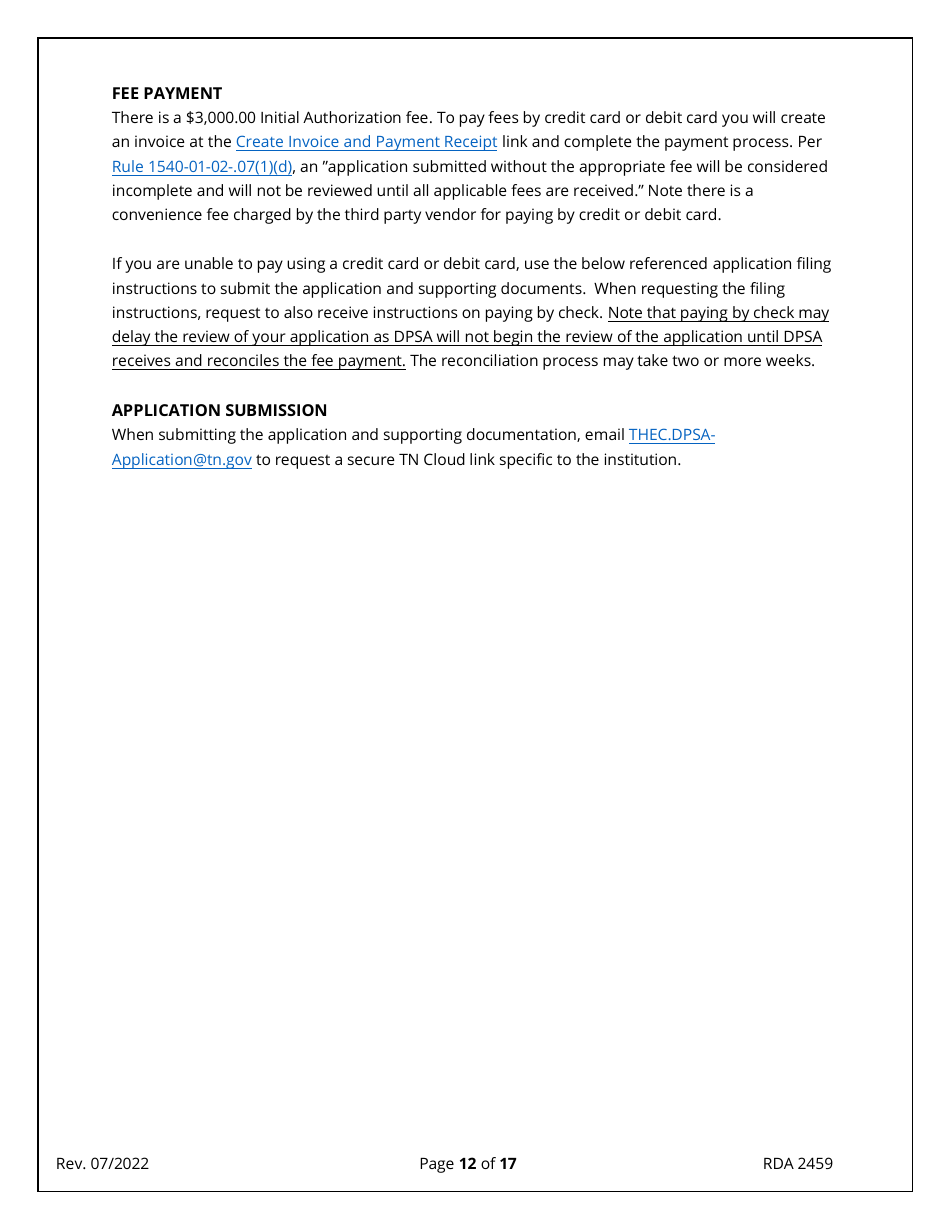 Form RDA2459 Application for Initial Authorization of a Postsecondary Educational Institution - Tennessee, Page 12