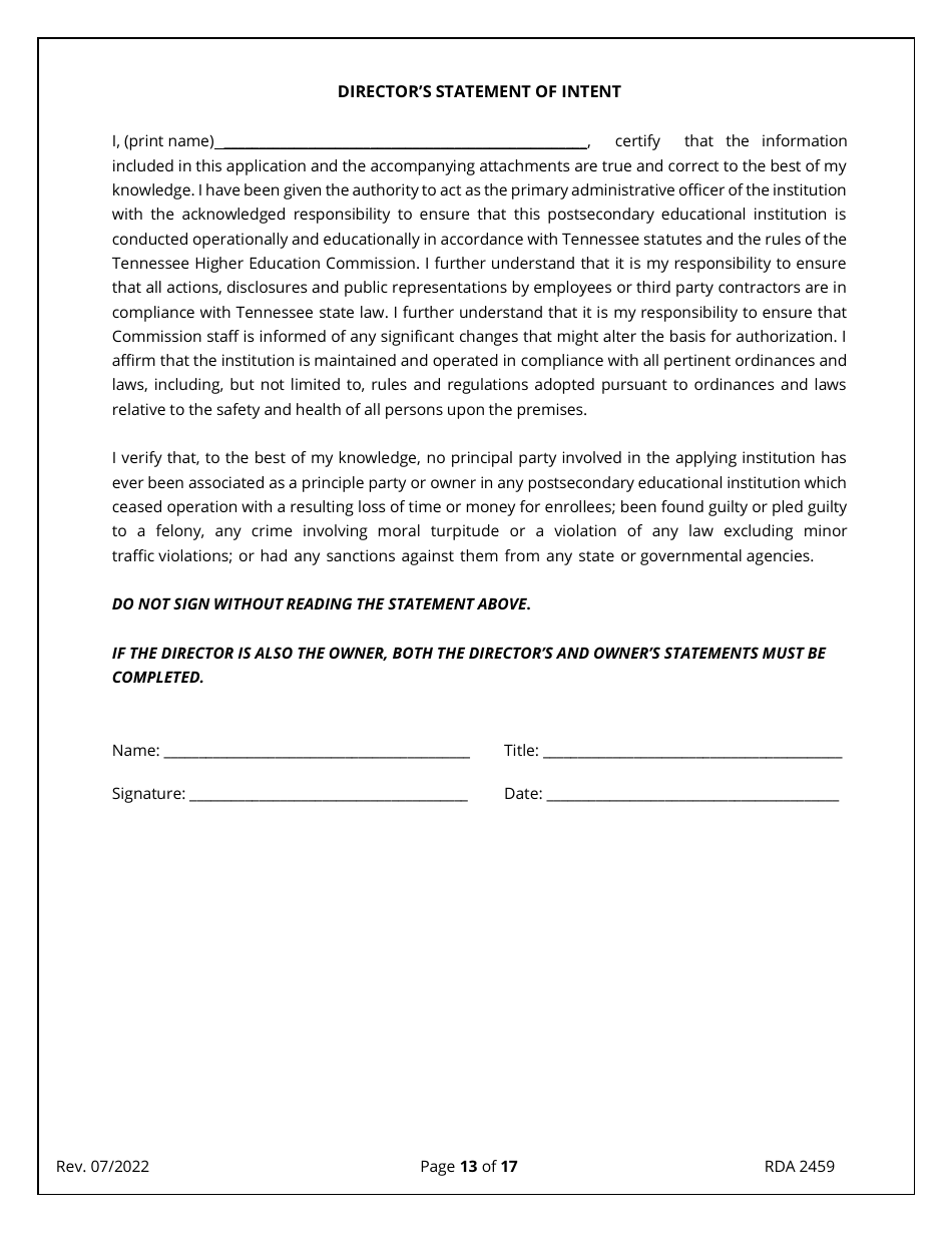 Form RDA2459 Application for Initial Authorization of a Postsecondary Educational Institution - Tennessee, Page 13