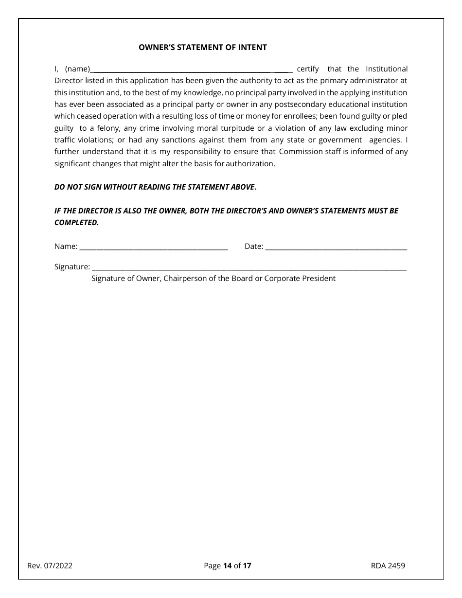 Form RDA2459 Application for Initial Authorization of a Postsecondary Educational Institution - Tennessee, Page 14