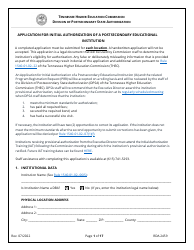 Form RDA2459 Application for Initial Authorization of a Postsecondary Educational Institution - Tennessee