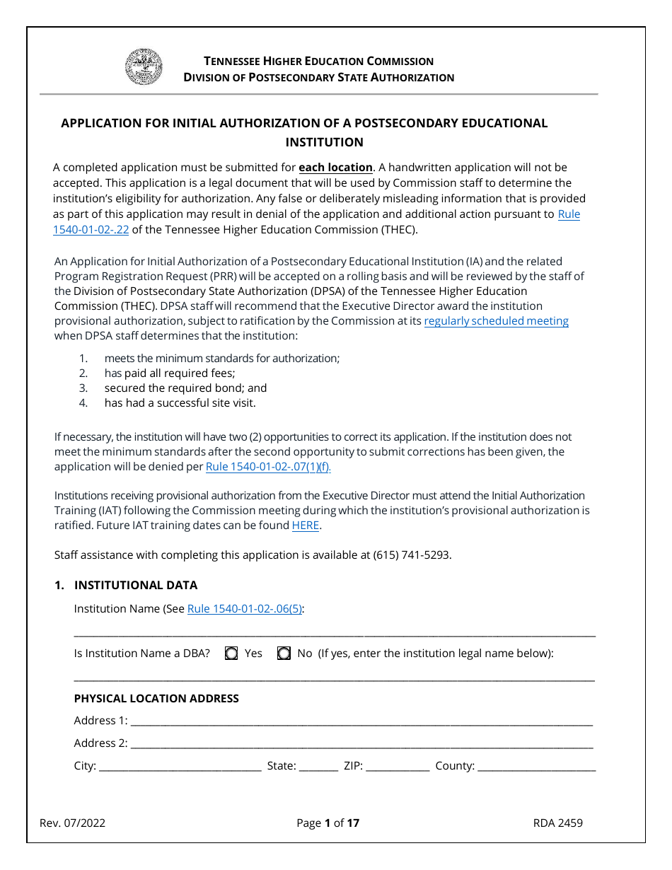 Form RDA2459 Application for Initial Authorization of a Postsecondary Educational Institution - Tennessee, Page 1