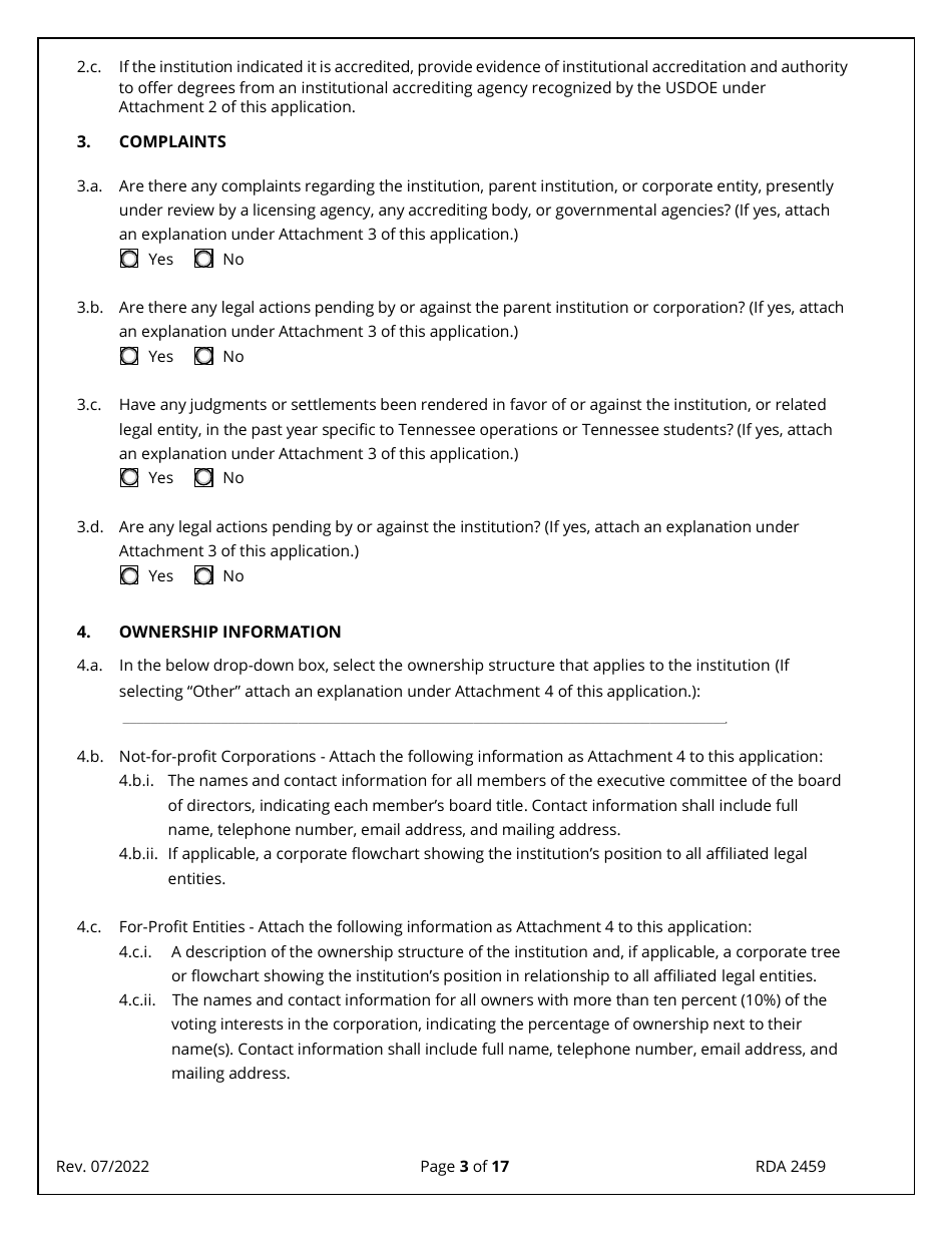 Form RDA2459 Application for Initial Authorization of a Postsecondary Educational Institution - Tennessee, Page 3