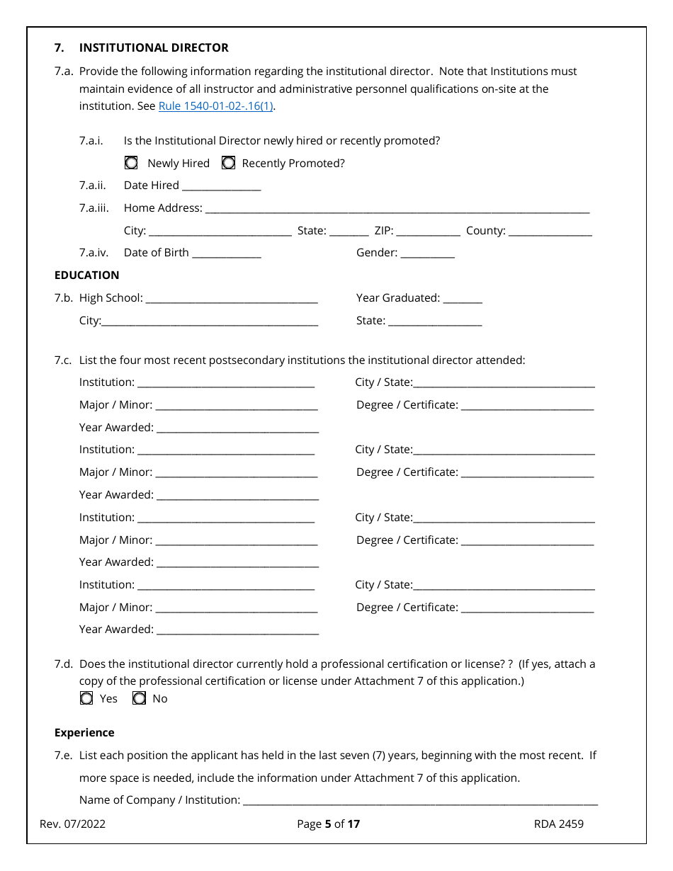 Form RDA2459 Application for Initial Authorization of a Postsecondary Educational Institution - Tennessee, Page 5