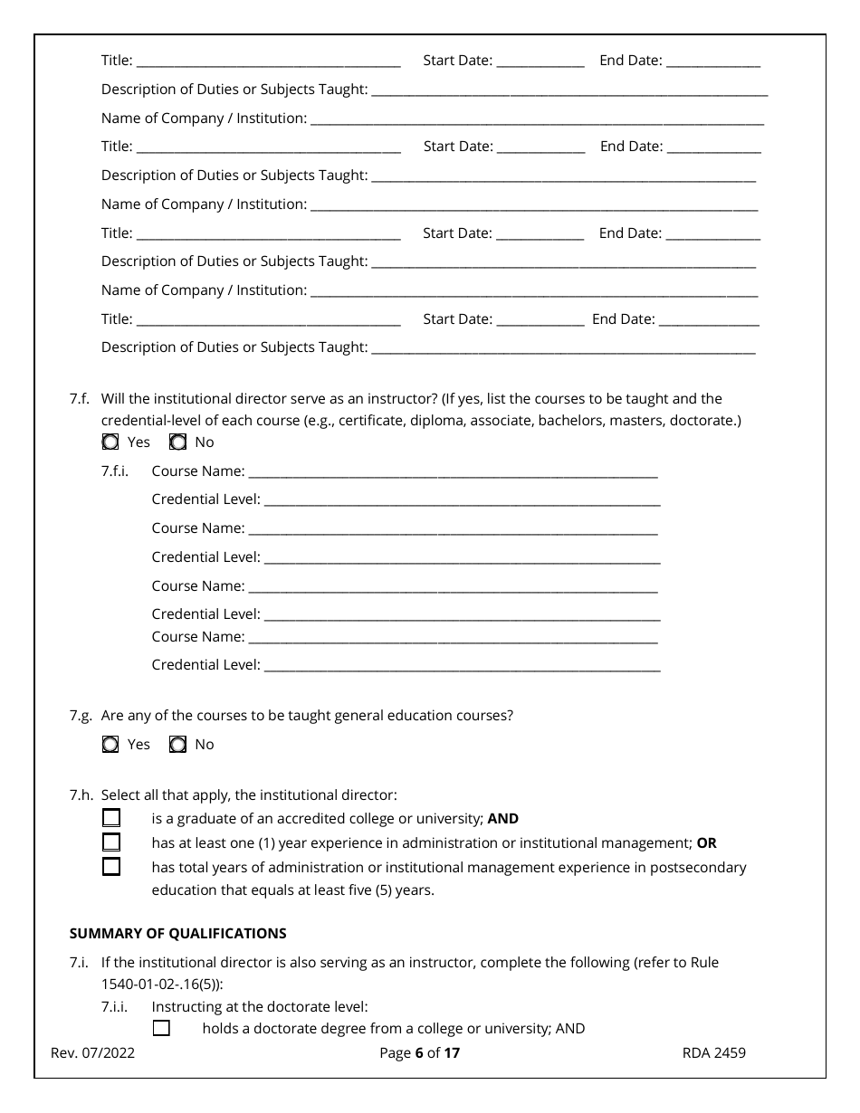 Form RDA2459 Application for Initial Authorization of a Postsecondary Educational Institution - Tennessee, Page 6