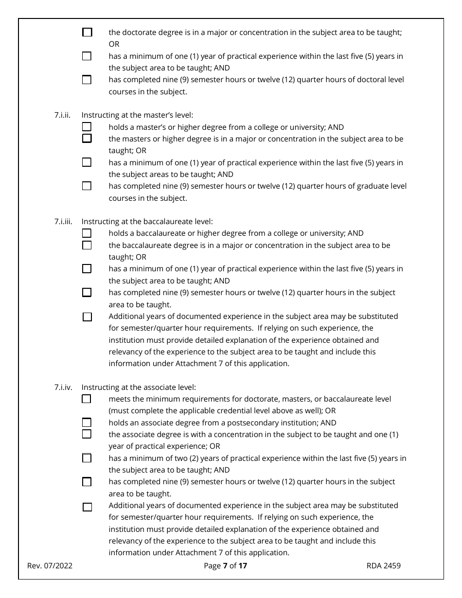 Form RDA2459 Application for Initial Authorization of a Postsecondary Educational Institution - Tennessee, Page 7