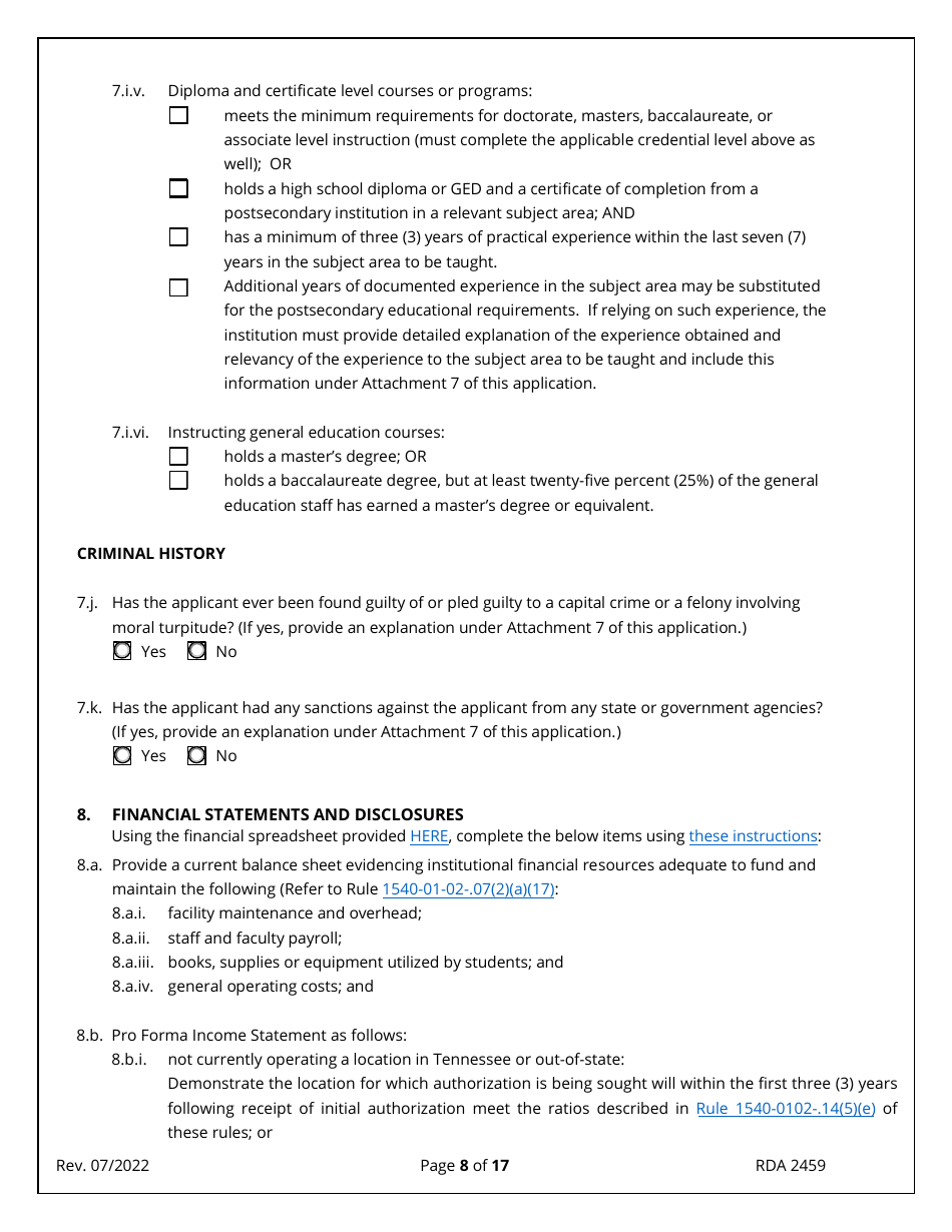 Form RDA2459 Application for Initial Authorization of a Postsecondary Educational Institution - Tennessee, Page 8