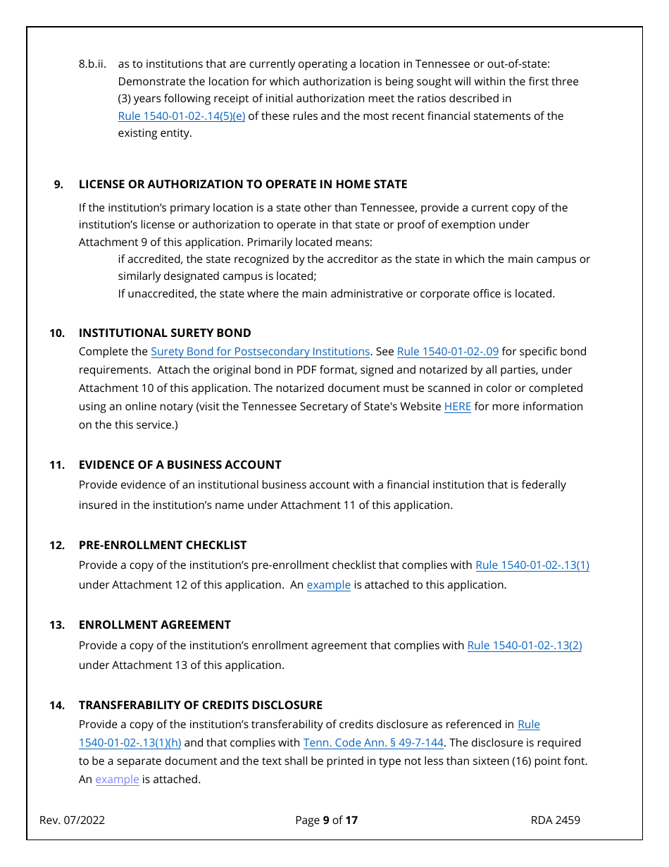 Form RDA2459 Application for Initial Authorization of a Postsecondary Educational Institution - Tennessee, Page 9