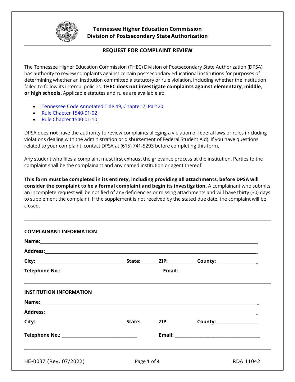 Form HE-0037 Request for Complaint Review - Tennessee, Page 1