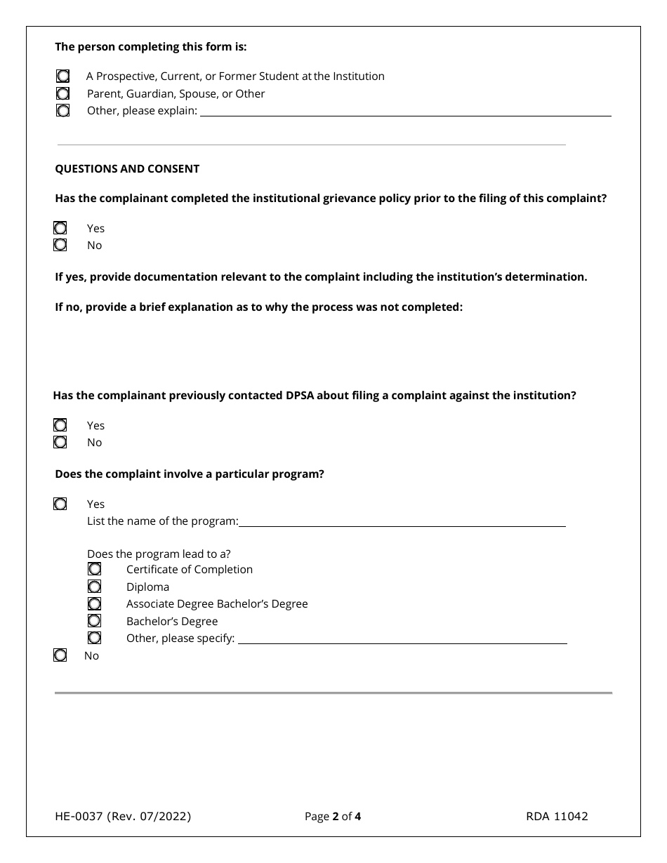 Form HE-0037 Request for Complaint Review - Tennessee, Page 2