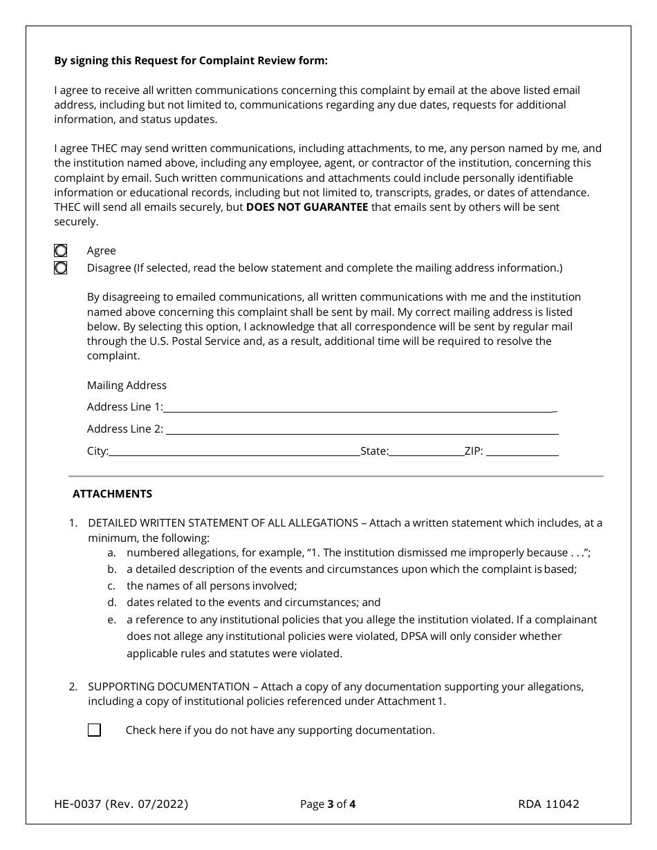 Form HE-0037 Request for Complaint Review - Tennessee, Page 3