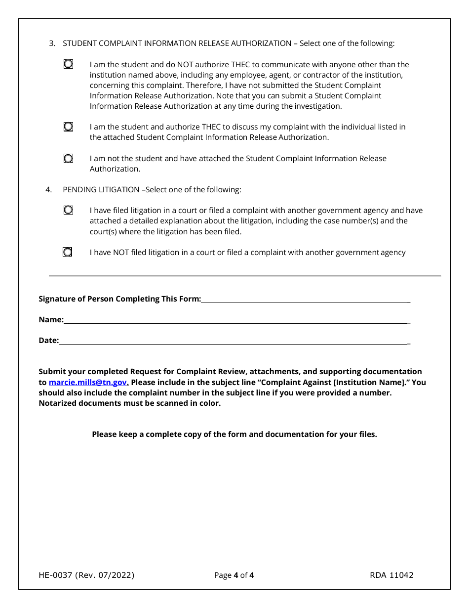 Form HE-0037 Request for Complaint Review - Tennessee, Page 4