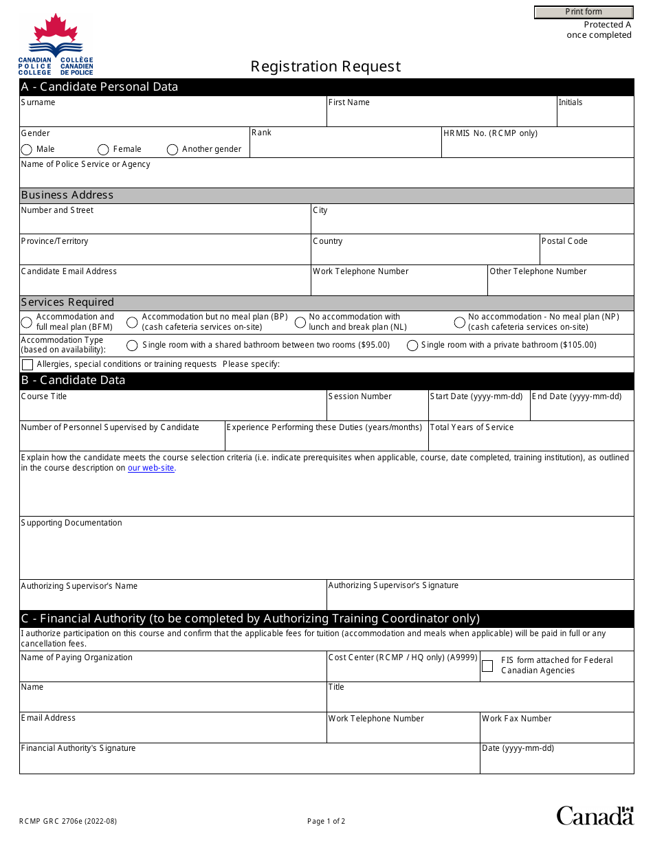 Form RCMP GRC2706E Registration Request - Canada, Page 1