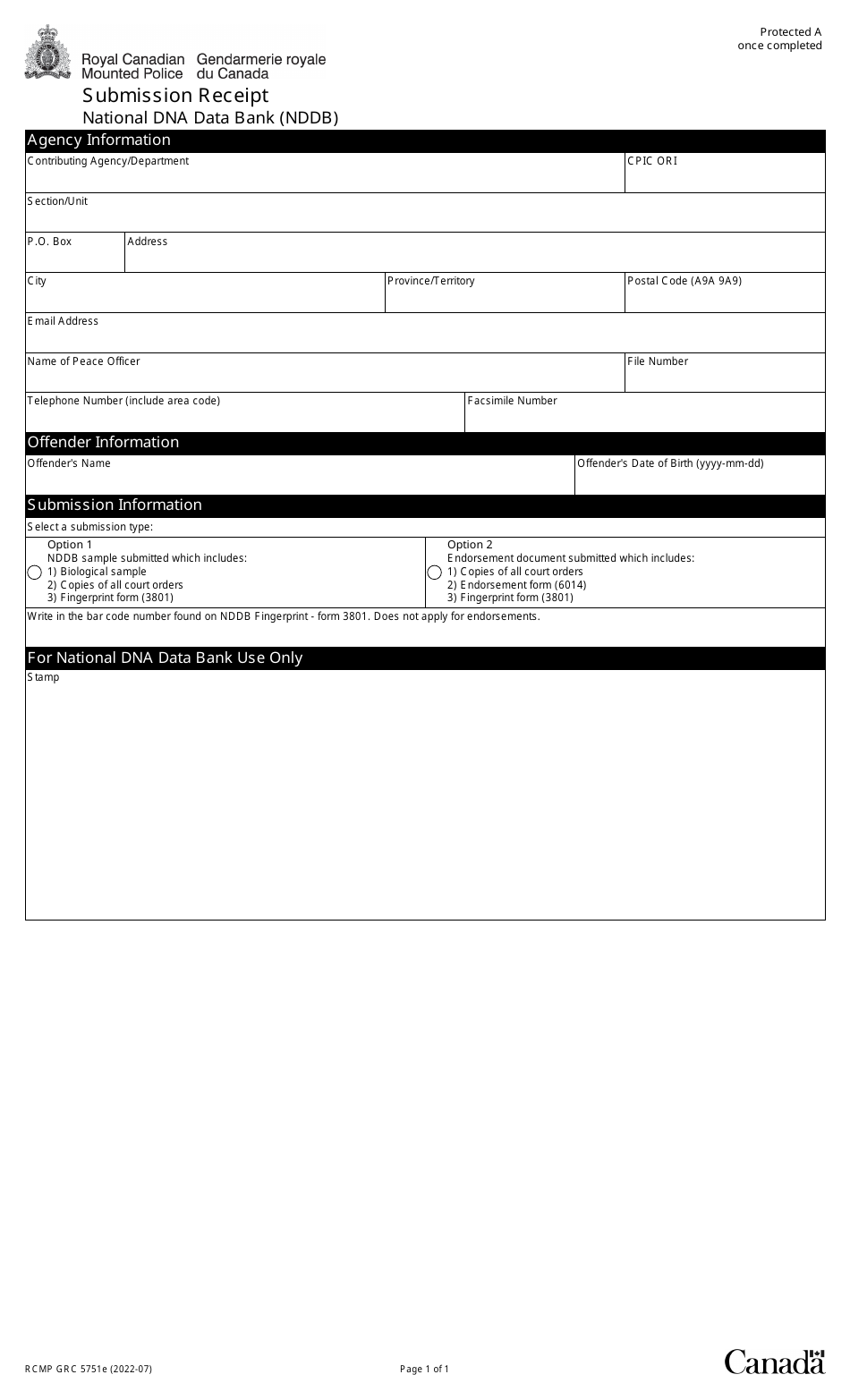 Form RCMP GRC5751E Submission Receipt - National Dna Data Bank (Nddb) - Canada, Page 1