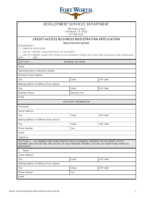 Credit Access Business Registration Application - City of Fort Worth, Texas Download Pdf