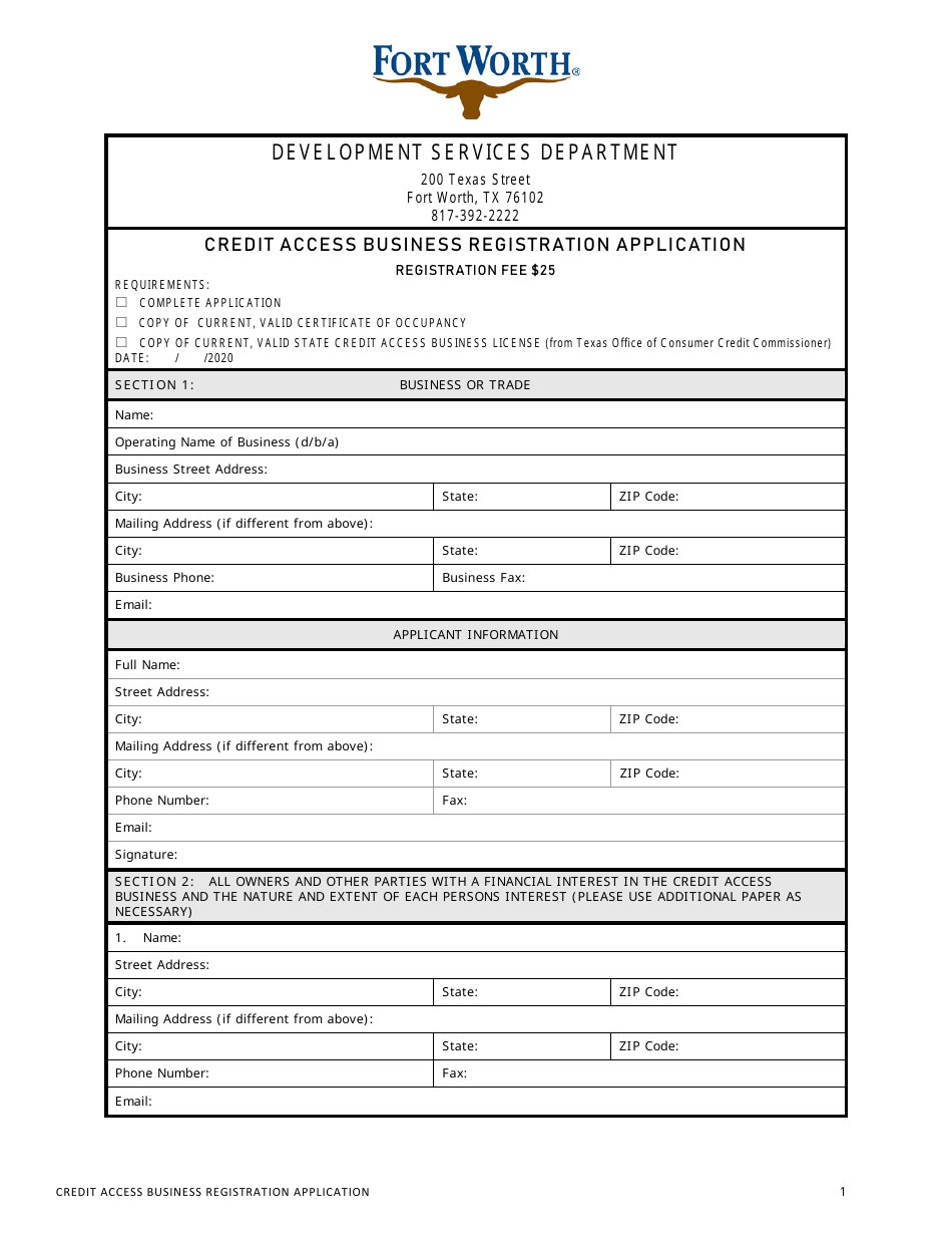 Credit Access Business Registration Application - City of Fort Worth, Texas, Page 1