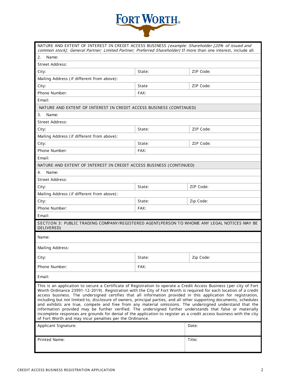 Credit Access Business Registration Application - City of Fort Worth, Texas, Page 2