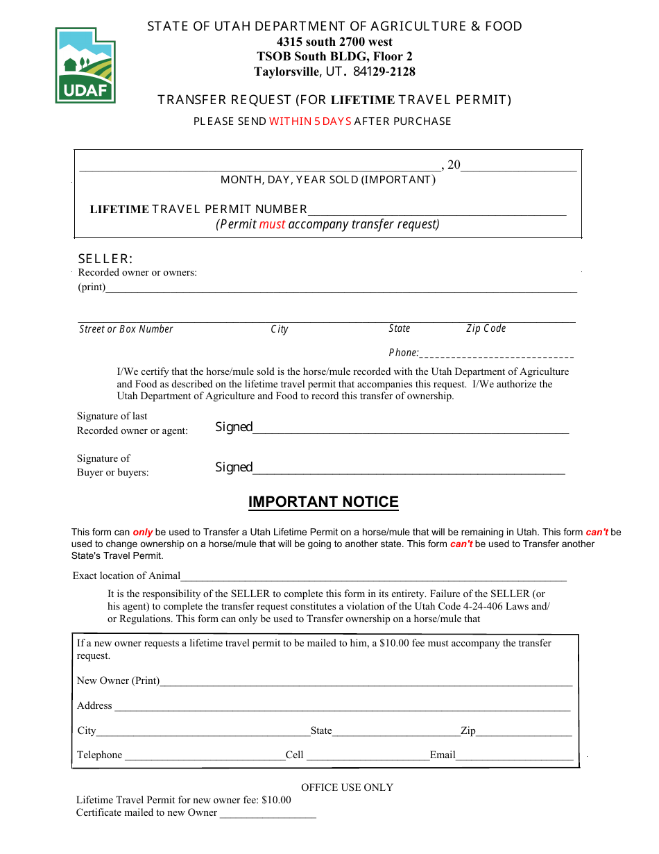 Transfer Request (For Lifetime Travel Permit) - Utah, Page 1