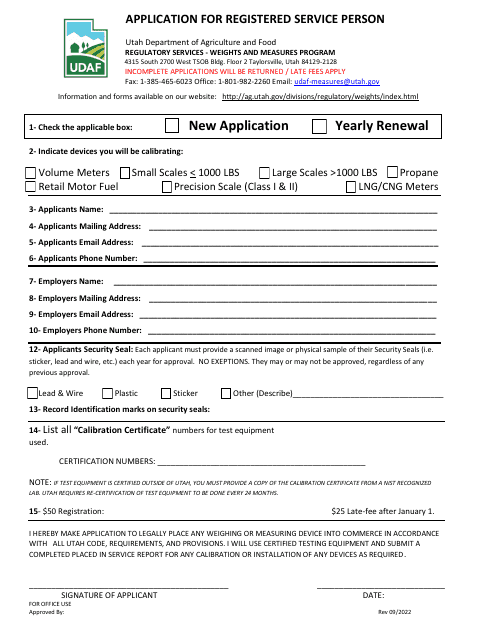 Application for Registered Service Person - Utah