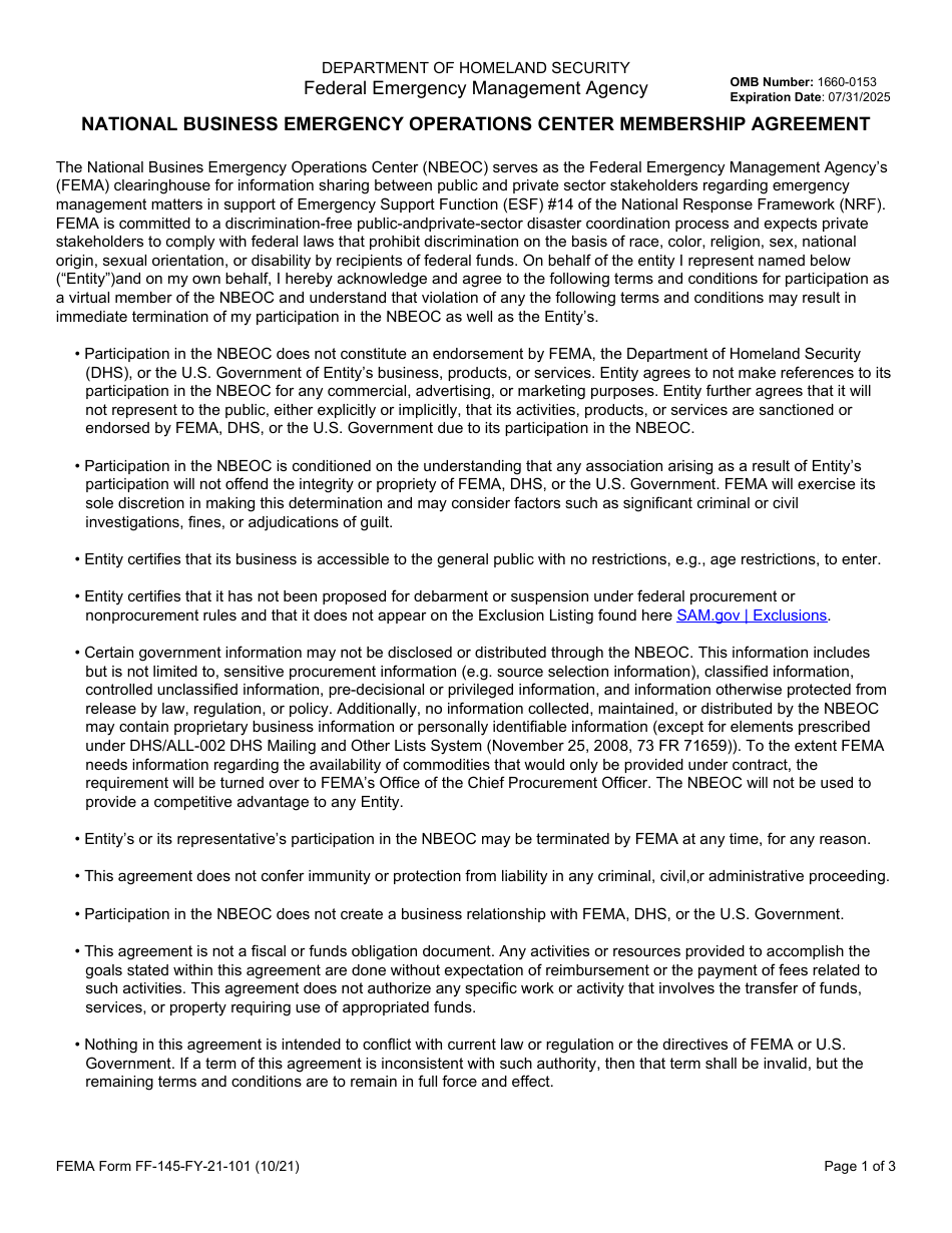FEMA Form FF-145-FY-21-101 National Business Emergency Operations Center Membership Agreement, Page 1