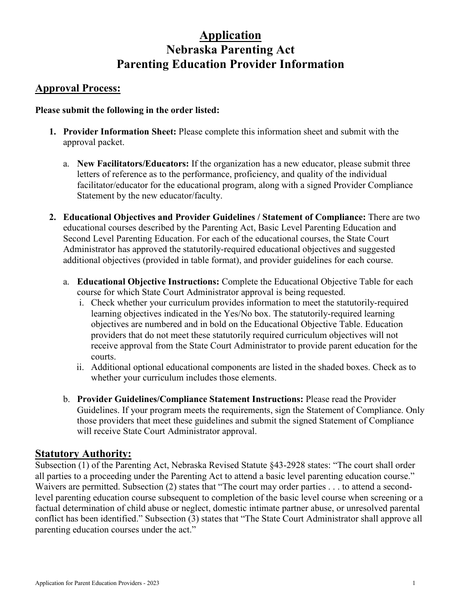 Nebraska Parenting Act Educational Provider Information Sheet - Nebraska, Page 1