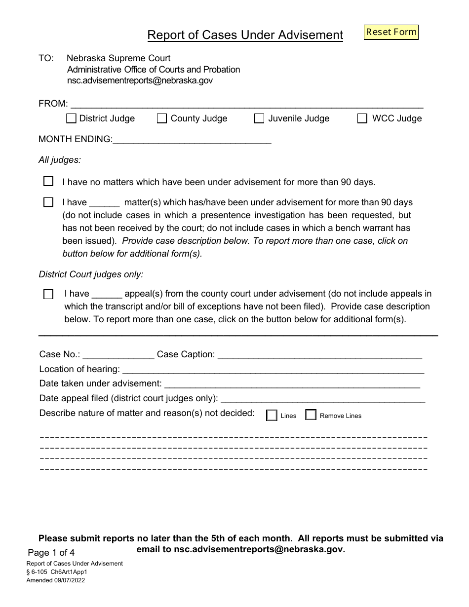 Form CH6ART1APP1 Report of Cases Under Advisement - Nebraska, Page 1