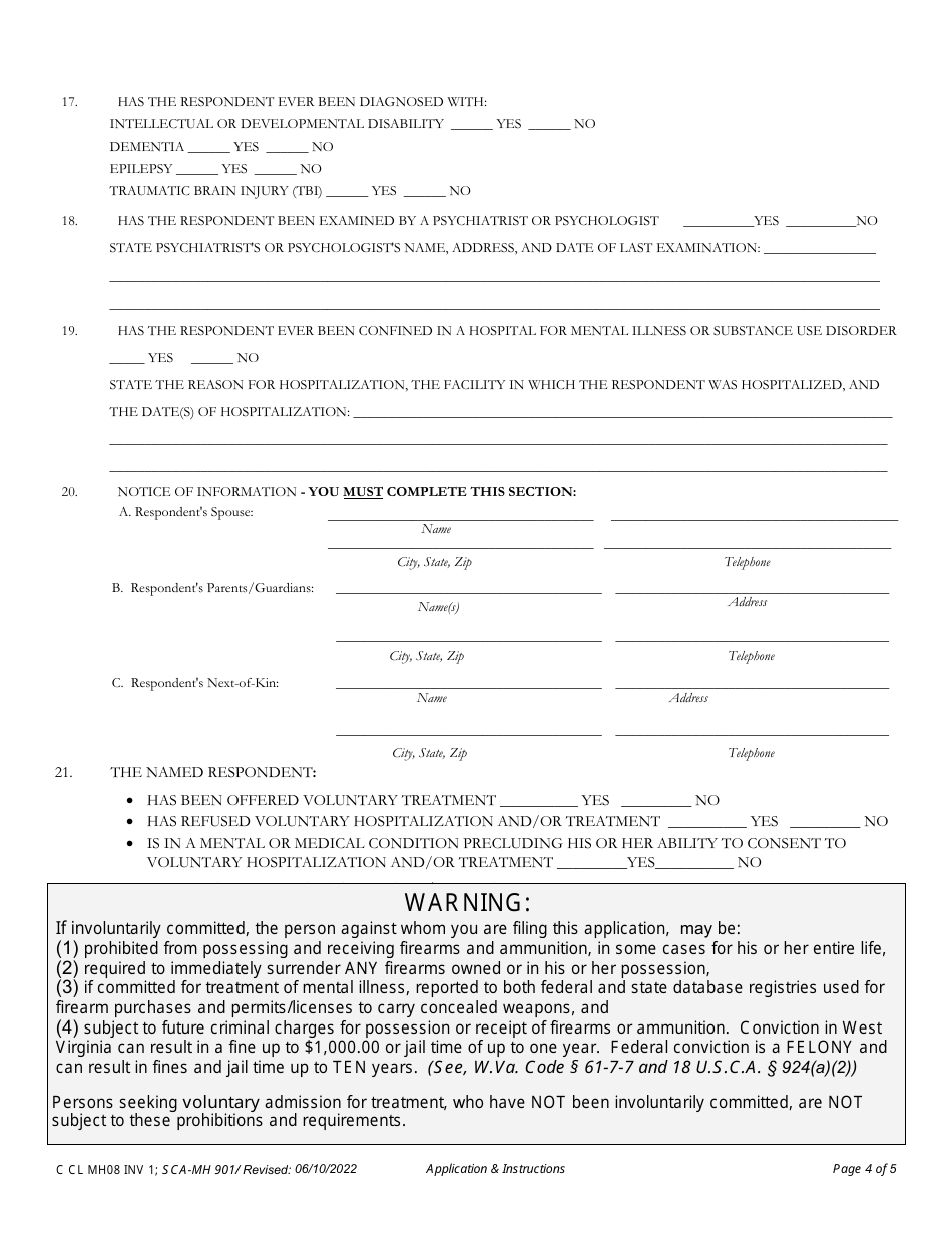 Form INV1 Application for Involuntary Custody for Mental Health Examination - West Virginia, Page 4