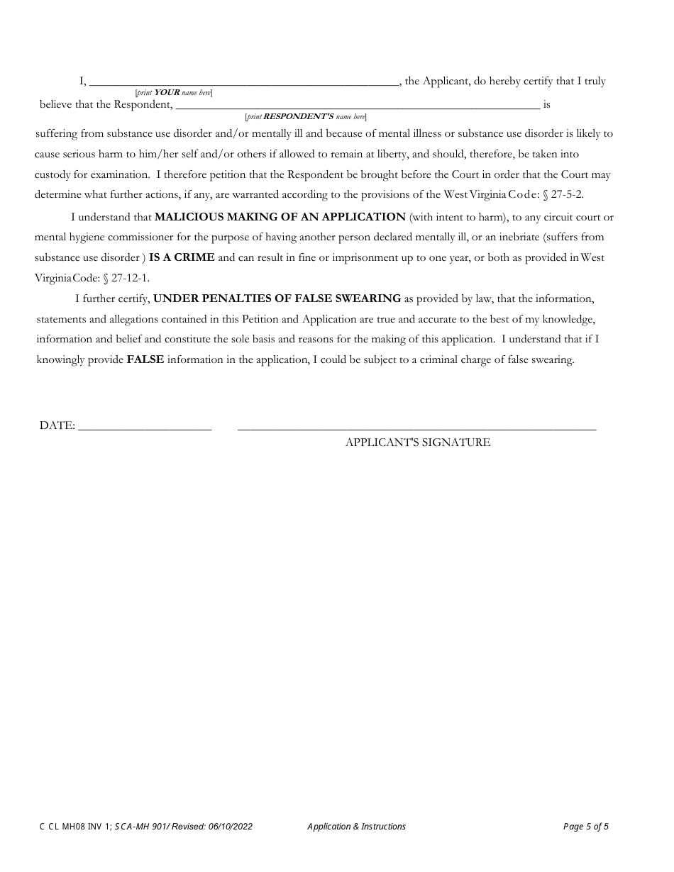 Form INV1 Application for Involuntary Custody for Mental Health Examination - West Virginia, Page 5