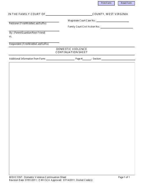 Form MDVCONT Domestic Violence Continuation Sheet - West Virginia