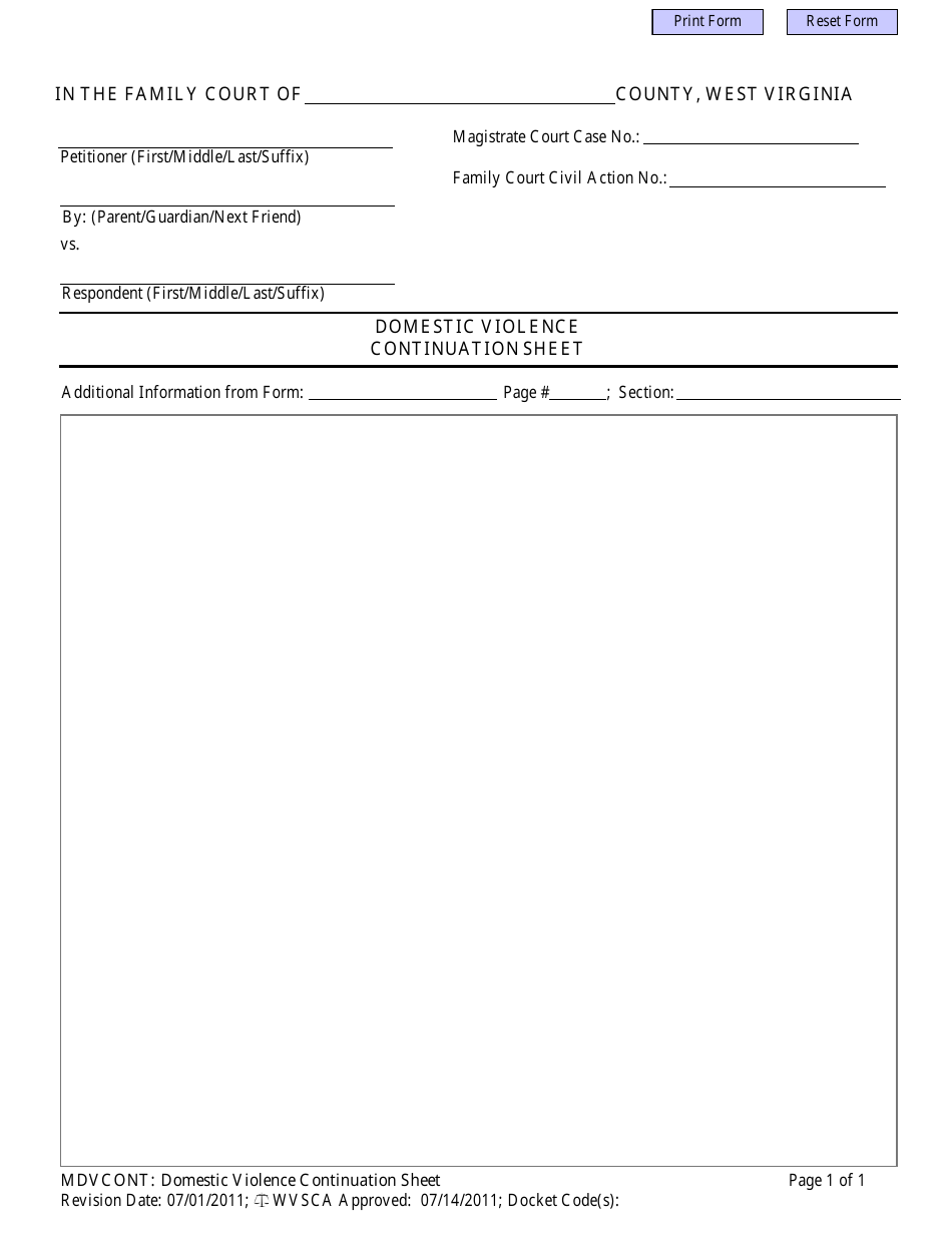 Form MDVCONT Domestic Violence Continuation Sheet - West Virginia, Page 1