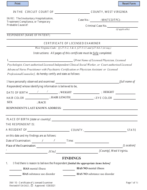 Form INV10 Certificate of Licensed Examiner - West Virginia