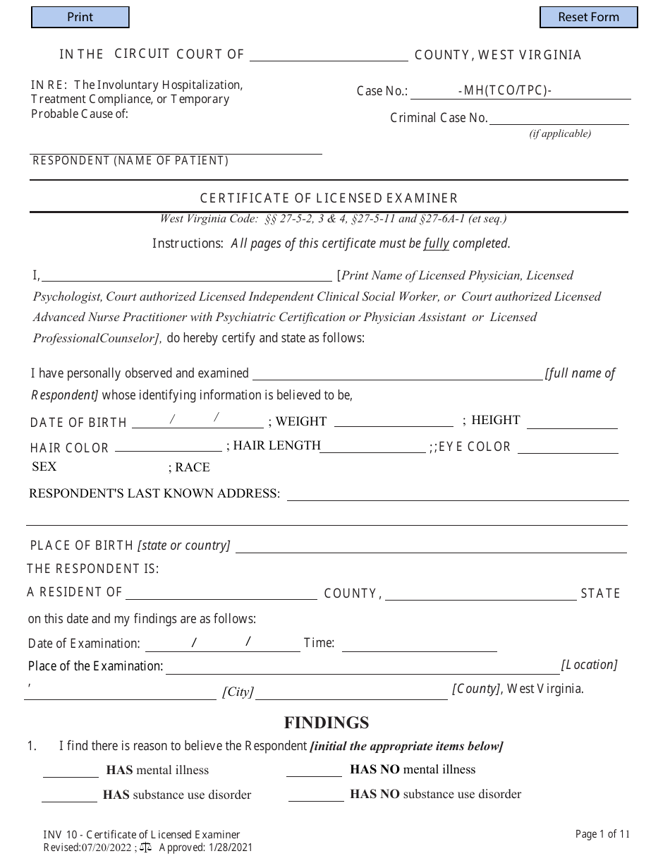 Form INV10 Certificate of Licensed Examiner - West Virginia, Page 1