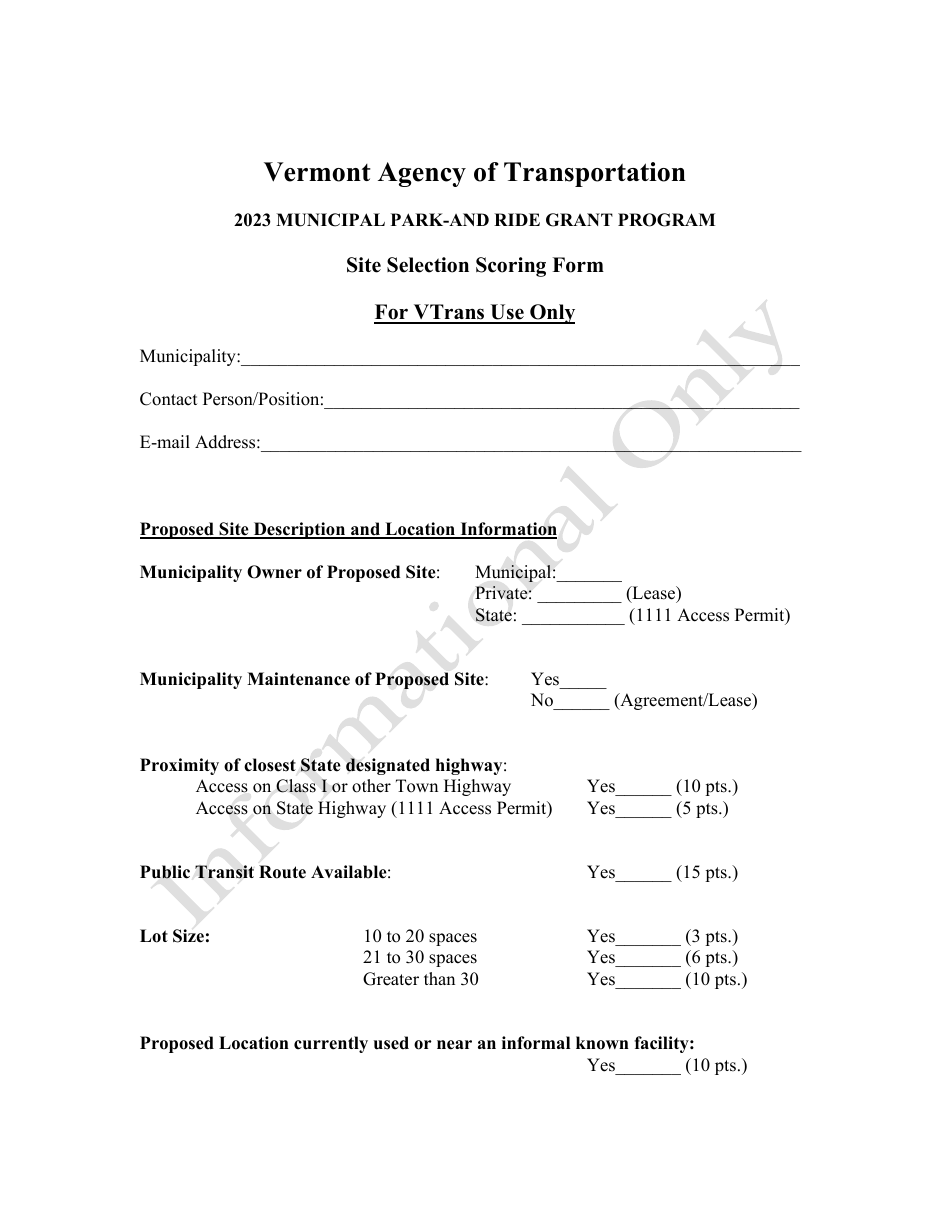 Site Selection Scoring Form - Municipal Park-And Ride Grant Program - Vermont, Page 1