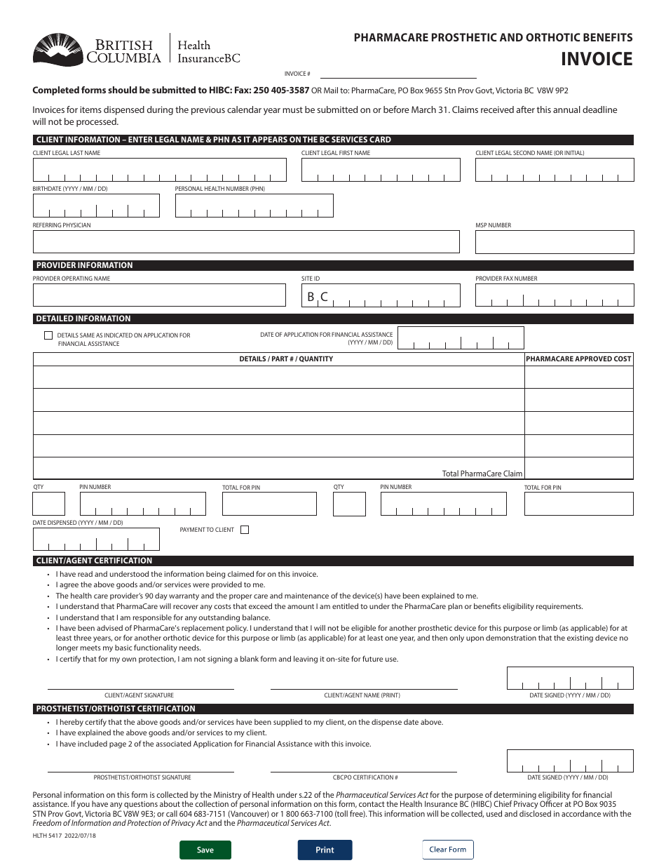 Form HLTH5417 Pharmacare Prosthetic and Orthotic Benefits Invoice - British Columbia, Canada, Page 1