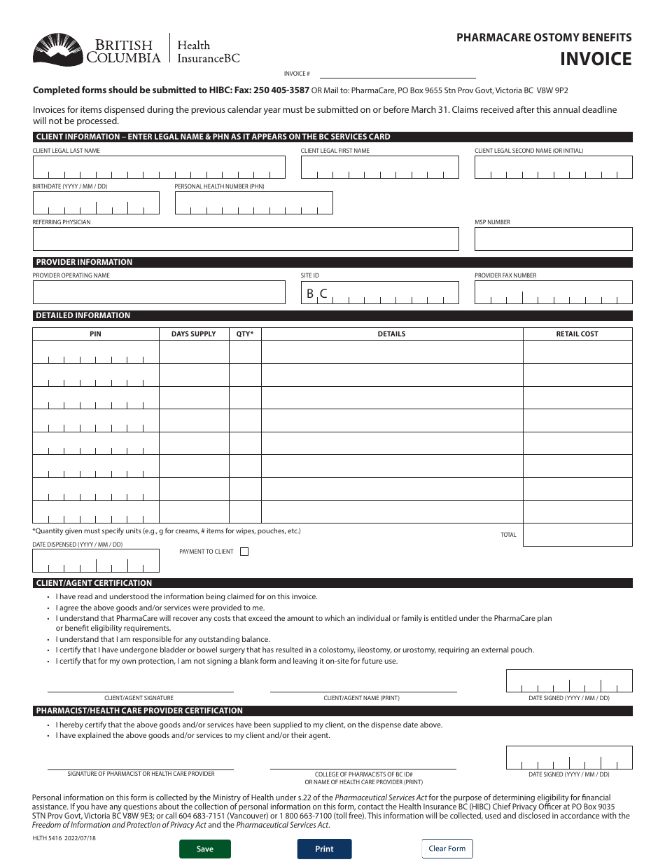 Form HLTH5416 Pharmacare Ostomy Benefits Invoice - British Columbia, Canada, Page 1