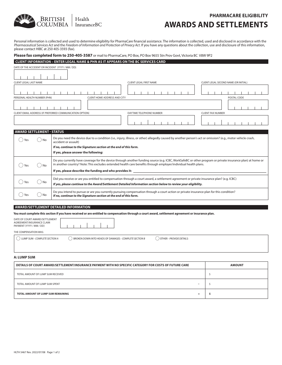 Form HLTH5467 Pharmacare Eligibility Awards and Settlements - British Columbia, Canada, Page 1