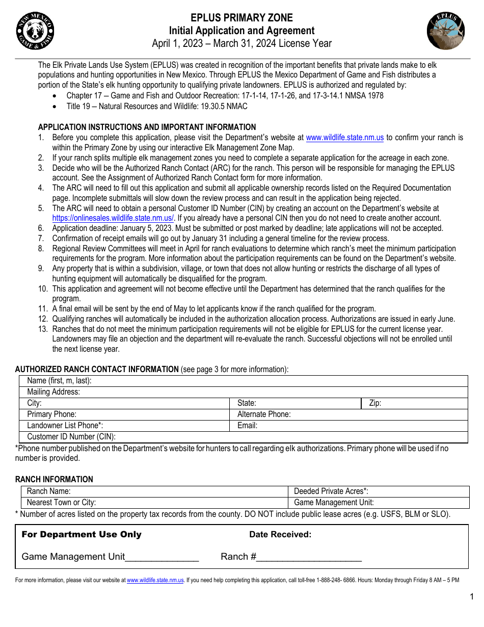 Eplus Primary Zone Initial Application and Agreement - New Mexico, Page 1