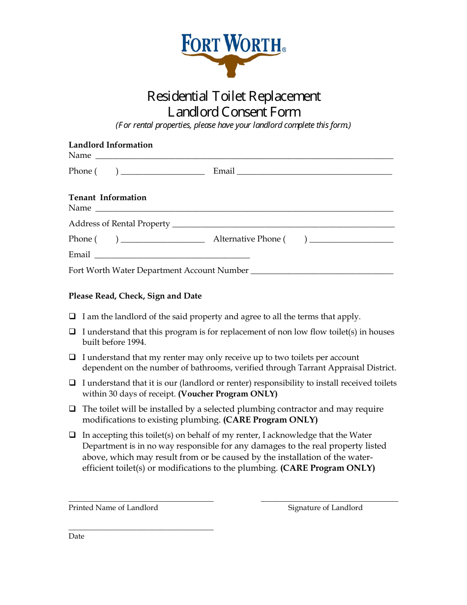 Residential Toilet Replacement Landlord Consent Form - City of Fort Worth, Texas, Page 1